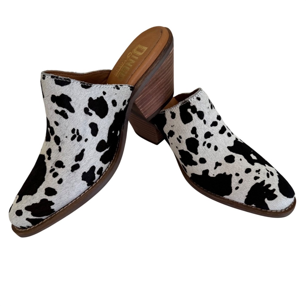dingo Cow Print Mule Clogs in Black and White
